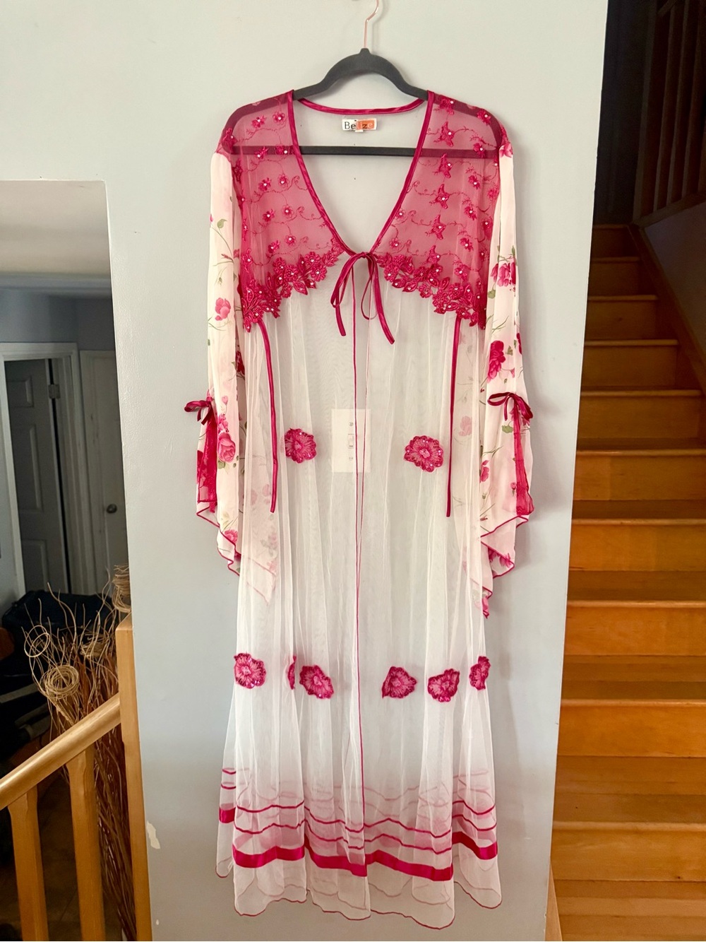 BELIZE Luxury Sheer Mesh Kaftan Robe Angel Sleeves Embroidered Peignoir Coverup